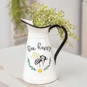 Bee Happy Enamel Pitcher 10.5"H Bumble Bee Distressed Embossed Graphics CWI