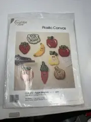 GOLDEN BEE PLASTIC CANVAS FRUIT AND VEGGIE MAGNETS NEEDLEPOINT
