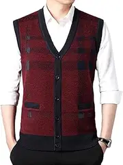 [YOFAB] Men's Sleeveless Sweater Vest,Slim Fit V Neck Casual Argyle Knitted Button Cardigan Vest Wtih Pockets M-4XL