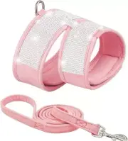 Crystal Pet Harness, Leash Set Sparkling Soft Suede Dog, Cat Collar Pink Medium