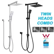 Black/Chrome Dual 8'' Shower Head Set 3-Mode HandHeld On Sliding Rail Mixer Tap
