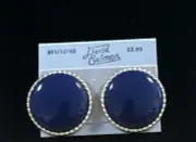 Vintage David Salmon Gold Tone Blue Lucite Round Button Earrings New Old Stock
