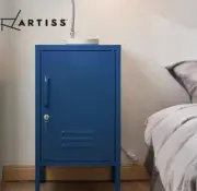Artiss Blue Bedside Table Mini Metal Cabinet With One Adjustable Shelf.