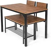 Giantex AU 4Pcs Dining Table Set, 1 & Bench 2 Chair, Space-Saving Kitchen W/ Metal Frame Storage Shelf, Industrial Desk Chair Wood Home Furniture Set for Gathering, Kitchen, Room, Restaurant, Brown