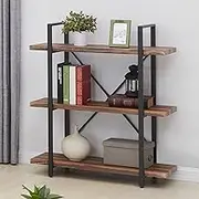 IHOMDEC 3-Tier Bookshelf，Vintage Industrial Book Shelf, Rustic Wood and Metal Bookcase and Bookshelves, Display Rack and Storage Shelf for Living Room Bedroom and Kitchen, Retro Brown