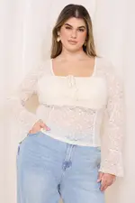 White Lace Top Long Sleeve Front Tie