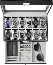 Haundry 12 Slot PU Leather Lockable Watch Storage Boxes, Men & Women Jewelry Display Drawer Case, 2-Tier Organizer Watch Showcase with Glass Lid