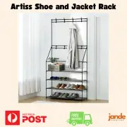 Artiss Shoe Rack and Coat/Hat Stand - Black Metal Sneakers Storage Jacket Hanger