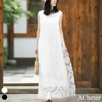 在飛比找momo購物網優惠-【ACheter】無袖顯瘦優雅蕾絲連身裙氣質一字領復古文藝背