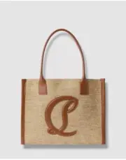 Christian Louboutin By My Side Women's Beige Raffia Leather Large Logo Tote Bag
