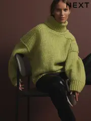 Green Khaki Olive Chunky Rib High Roll Neck Knitted Jumper with Alpaca (E16246) | $50