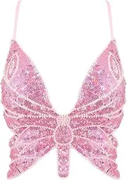 [Mocure] Womens Glitter Sequin Butterfly Crop Top Low-Cut Tank Top Rave Tube Vest Top for Belly Dance Costume Outfits