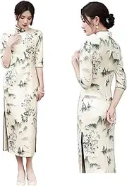 KALWEL,Chinese Qipao Dress for Women,Cheongsam Dress for Women,Chinese Style Five-Quarter Sleeve Ink Painting Dress Cheongsam White