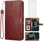 Compatible with Nokia G60 5G Wallet Case Tempered Glass Screen Protector and Leather Flip Cover Card Holder Stand Soft Protection Cell Accessories Phone Cases for NokiaG60 G 60 60G Women Men Brown