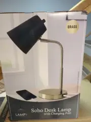 Brass Table Lamp With Black Lampshade. Desk Lamp LED And Charger Port.