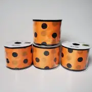 Lot Of 4 Rolls 2.5” X 9 Ft Ea Wired Craft Ribbon Orange Black Polka Dot Wreath