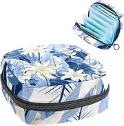 Period Bag,Sanitary Napkin Storage Bag,Blue Leaf Tropical Flowers Palm,Tampon Holder for Purse