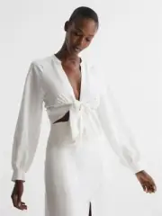 REISS Womens Axelle Tie Front Cropped Blouse Top in White UK Size 6