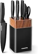VINATO Kitchen Knife Set, 7-Piece Kitchen Knives with Block and Integrated Knife Sharpener, Kitchen Knife Set with 5 Different Knives and 1 Pair of Scissors, Black