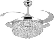 FanLighting 42 Inch Invisible Reversible Ceiling Fan with LED Lights and Remote Control, 4 Retractable Blades Fan Chandelier for Living Room, Indoor Crystal Ceiling Light Kits with Fans (Chrome)