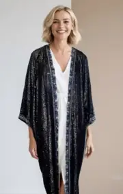 Johnny Was L Long 100% Silk & Sequins Black KIMONO Duster Jacket REVERSIBLE NWT