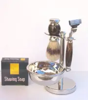 Kingsley, BROWN ONYX & CHROME SB-656 Shave Set Mach 3, Brush, Stand, Soap & Bowl