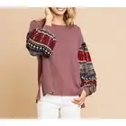 Umgee Mauve Oversized Waffle Knit Print Long Puff Sleeve Round Neck Top Size M