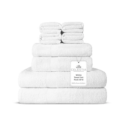 100% Combed Cotton Bathroom Towel Set of 8- 2 Bath Towel Set - Pack of 08 White