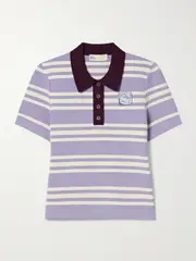 [Tory Sport] Tory Sport - Appliquéd Striped Stretch-jersey Polo Top - Lavender - small small Purple