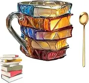 Painted Book Mug, 11oz Novelty 3D Painted Books Coffee Mug Set with Spoon, Handmade Unique Books Stack Coffee Cup, Bo-oks Stack Shaped Mark Cup for Book Lovers Readers Librarians Writers(1pc)