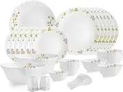 KRISHANA EXPORT STORE Opalware Dazzle Series Secret Garden Dinner Set - 35-Piece Opal Glass Dinner Set for 6 - Lightweight, Daily Use Crockery Set for Dining - Elegant White Plate and Bowl Set