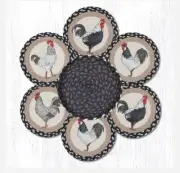 6 Braided Jute 10" Round Trivets with 1 Coordinating Basket. ROOSTERS