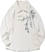 AIMALL Men's Long Sleeve Bamboo Embroidered Shirt, Chinese Style Casual Tang Jacket, Comfortable Blended Fabric, Kimono Robe Design, Black or White, Sizes M to 4XL