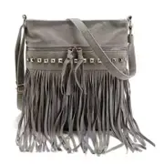 Women Faux Suede Crossbody Shoulder Bag Fringe Weave Tassel Messenger Handbag- Grey