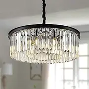 22 Inch Modern Black Crystal Chandelier Ceiling Light, Semi Flush Mount 5 Lights 2 Tier Crystal Round Chandelier Light