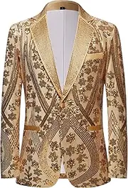 [PYJTRL] Men's Embroidered Sequin Floral Pattern Blazer Jacket with Rhinestone Notched Collar for Wedding Party Prom
