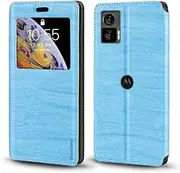 Invisible Magnetic View Window PU Leather Flip Case Compatible with Motorola Edge 30 Neo, Smart Clear Display Cover with Full Protection (Light Blue)
