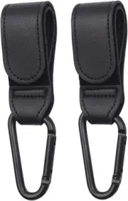 2 Pcs Baby Bag Clips, Leather Buggy Clips Multipurpose Hooks Pram Clips | Black