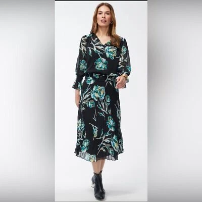 Chicos Midi Dress Sz 8 Crepe Pleated Floral Dress Sheer Sleeves Smock Cuffs NWT