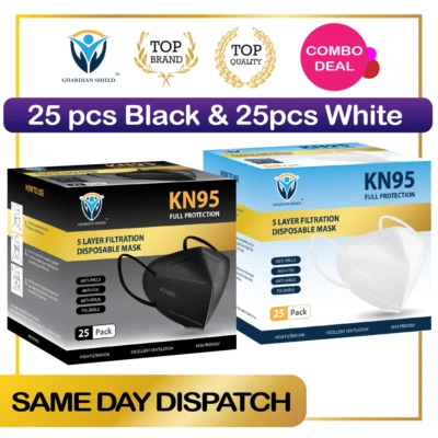 25Pcs Black &25Pcs White KN95 Disposable Face Mask Respirator Protective 5 Layer