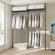 SYAMEET Adjustable Garment Rack Floor-to-Ceiling Clothes Rack - Thick Steel, Nail-Free Installation, with 3 Pillars, 3 Bars, and 2 Trays.