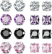 JewelrieShop Lady 8 Pairs Round Square Cuts Stud Earrings, Stainless Steel Cubic Zirconia Rings Set