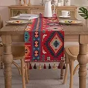 Clothfuna Geometric Jacquard Table Runner, Vintage Boho Table Runner, Red and Blue Cotton Blend with Tassels for Dining Table Party Holiday Outdoor, 33x160 cm/ 13x63 inch