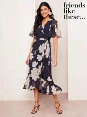 Friends Like These Navy Blue Floral Chiffon Mix Flutter Sleeve Wrap Dress (AU8141) | $150