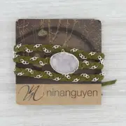 New Nina Wynn Cordelia Necklace Woven Green Leather White Druzy Quartz Pendant