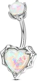 [OUFER] Belly Button Rings, 14G Heart Belly Piercing Jewelry, Pave Heart Opal Belly Rings, 316L Surgical Steel Navel Piercing Jewelry For Women Men