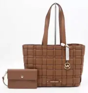 MICHAEL KORS Ivy East West Woven Leather Tote w Pouch Brown Bucket Shoulder Bag