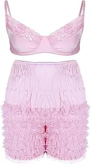 [Yeahdor] Men’s Sexy Lace Lingerie Set Sissy Bra Top with Ruffle Bloomers Shorts Crossdress Lingerie Nightwear