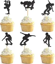 Blumomon 24 Pack Skateboard Cupcake Toppers Black Glitter Skateboarding Cupcake Picks Sport Skating Theme Bachelorette Birthday Party Cake Decorations Supplies