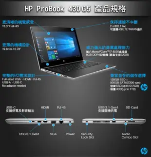 HP Probook 430 G5 筆記型電腦 i7-8550U 128GB SSD + 500GBHD